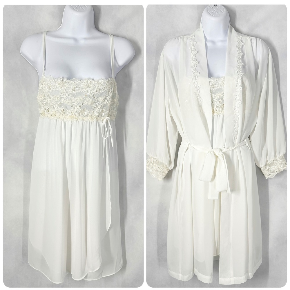 Belle Nuit White Bridal Short Robe & Lace Chemise Set Women's Size Medium